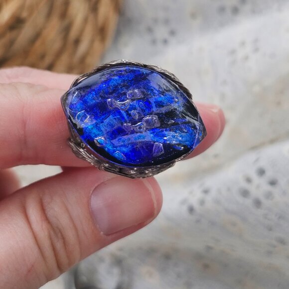 Vintage Cobalt Blue Heay Blown Glass Wire Wrapped Handmade Ring - Picture 10 of 10